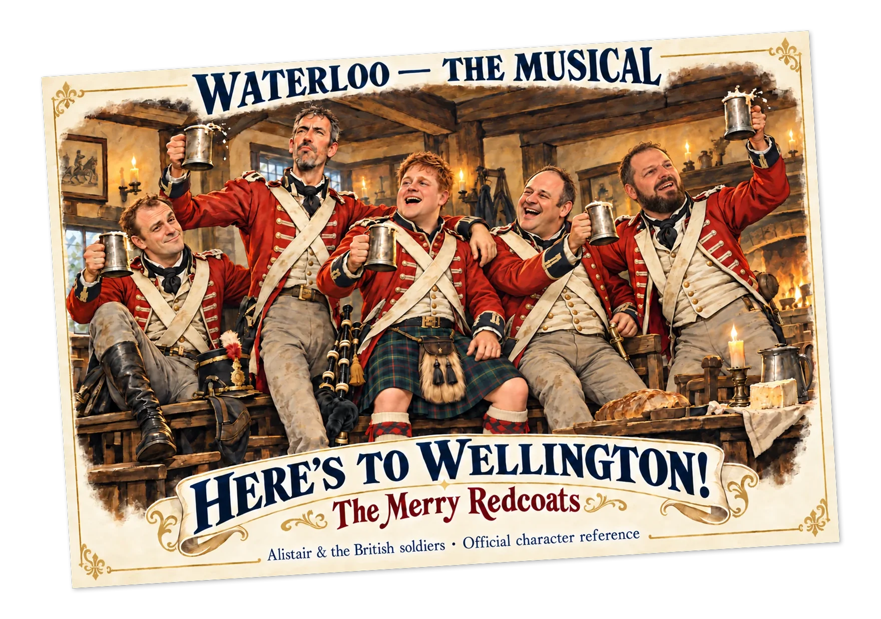 Les Merry Redcoats réunis dans une auberge, entre rires, chopes et cornemuse
